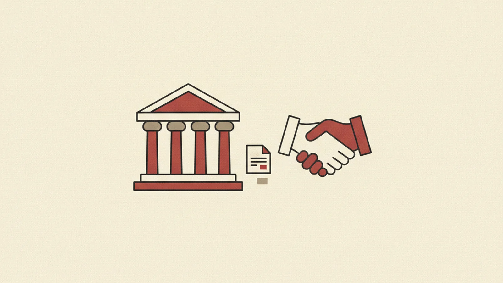 Illustration of a columned government building beside a handshake icon with a small contract document between them