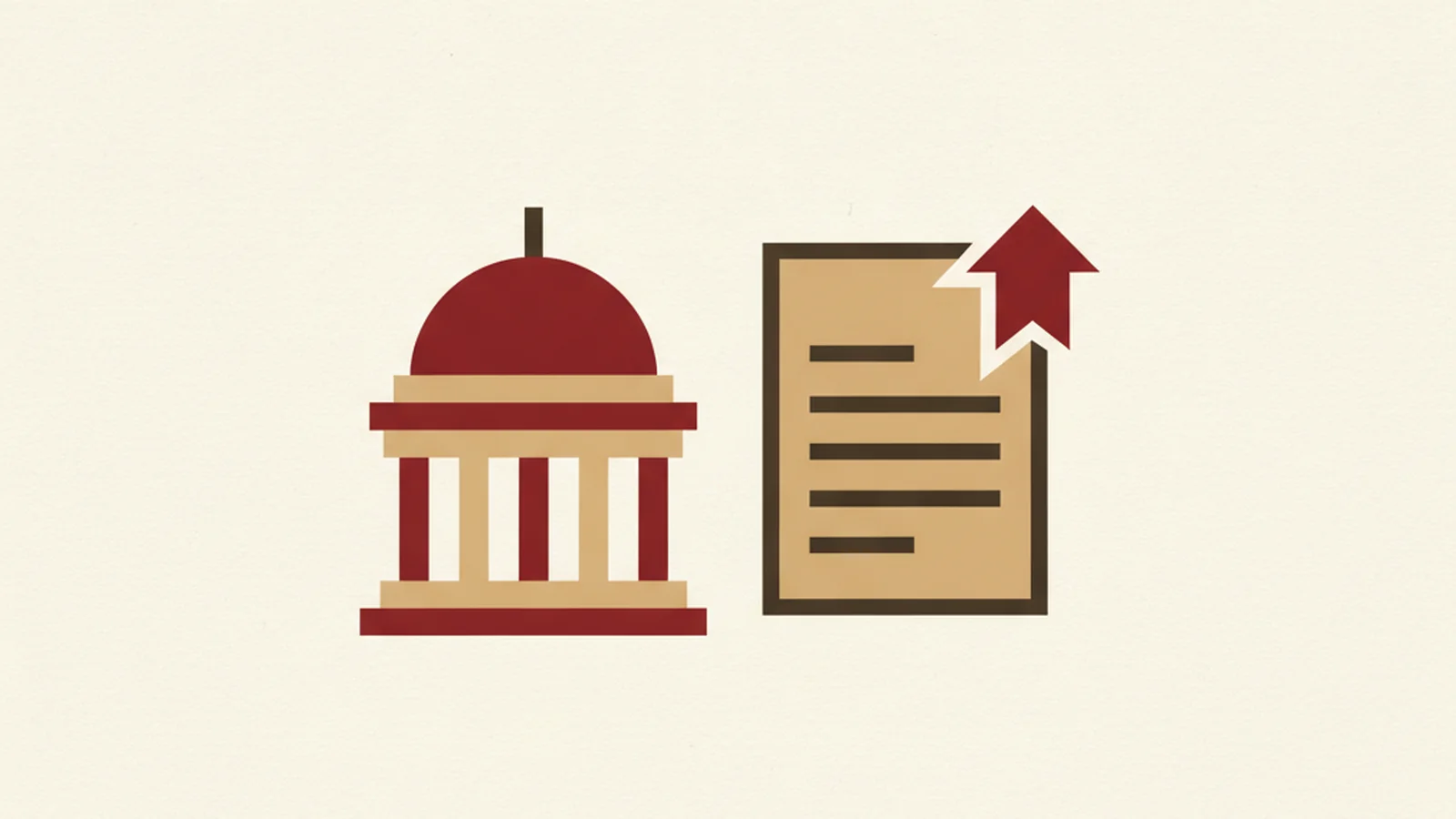Illustration of a columned capitol building beside a bill document with a small upward-arrow badge attached