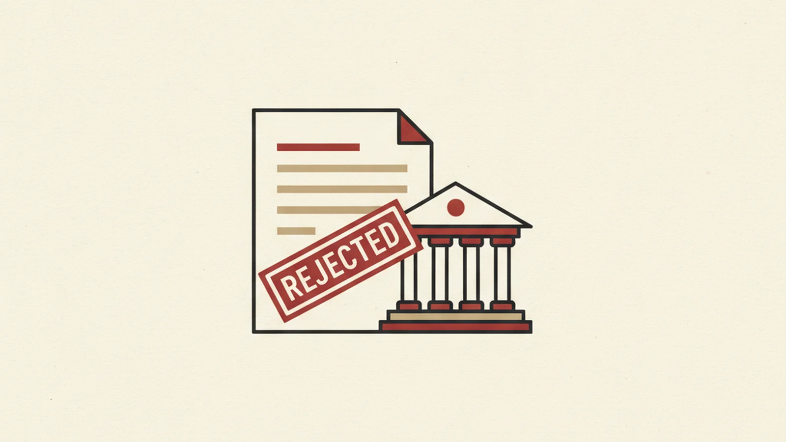 An oxblood and cream editorial illustration of a proposal document with a rejected stamp shape sitting beside a small government building icon.