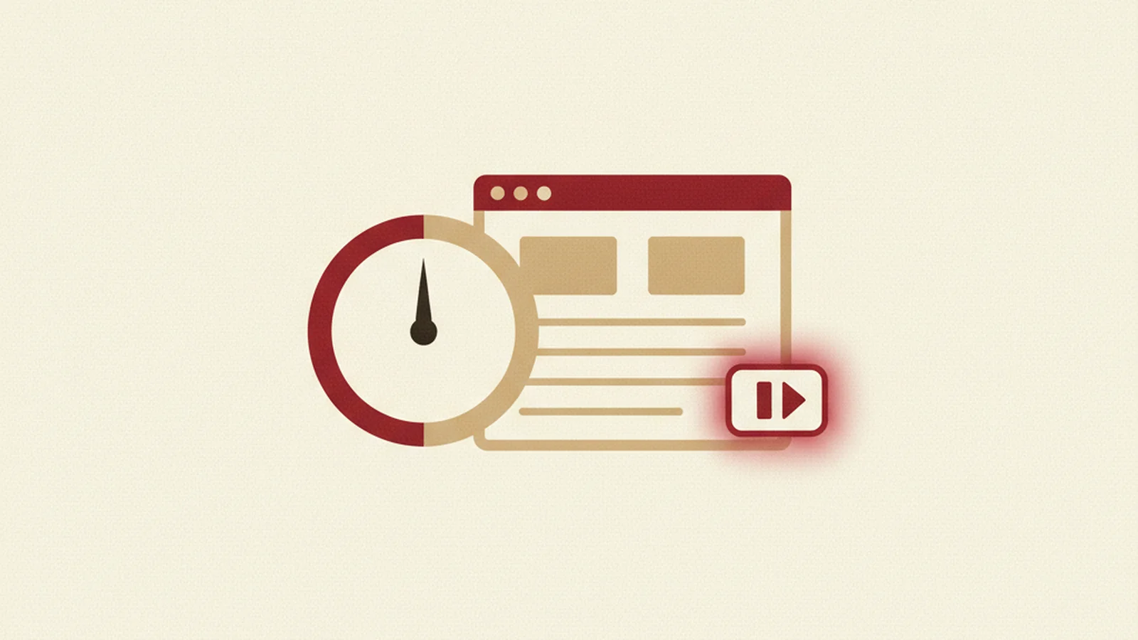 Illustration of a countdown clock face beside a form window, with a small extend/pause button glowing beside it, in an oxblood and cream editorial style