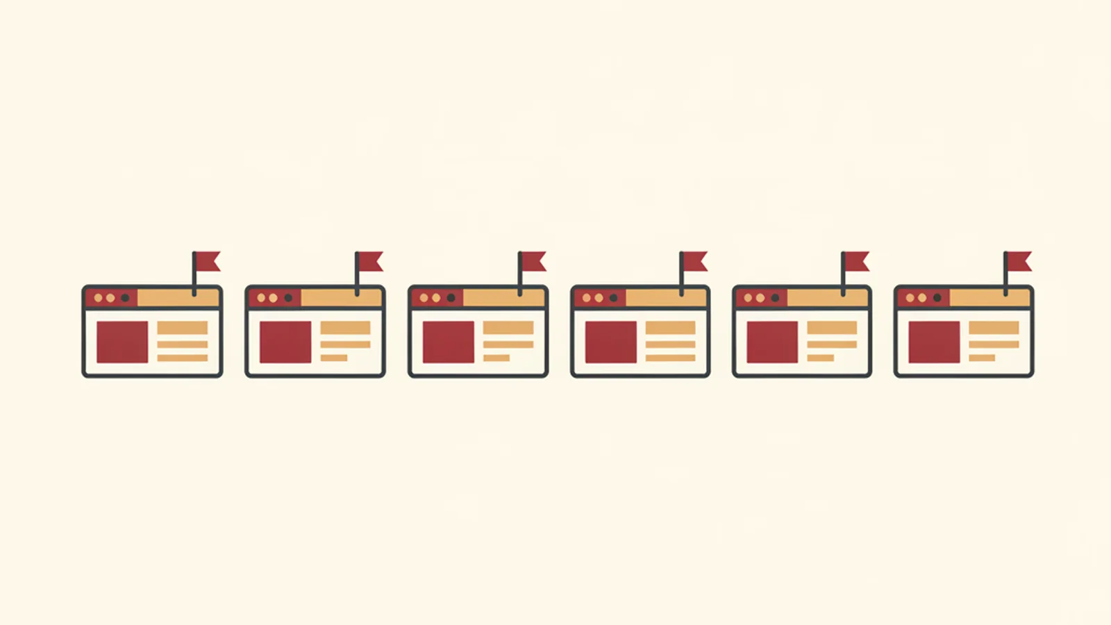 Illustration of seven small browser-window theme thumbnails in a row, three marked with a red flag icon, in an oxblood and cream editorial style