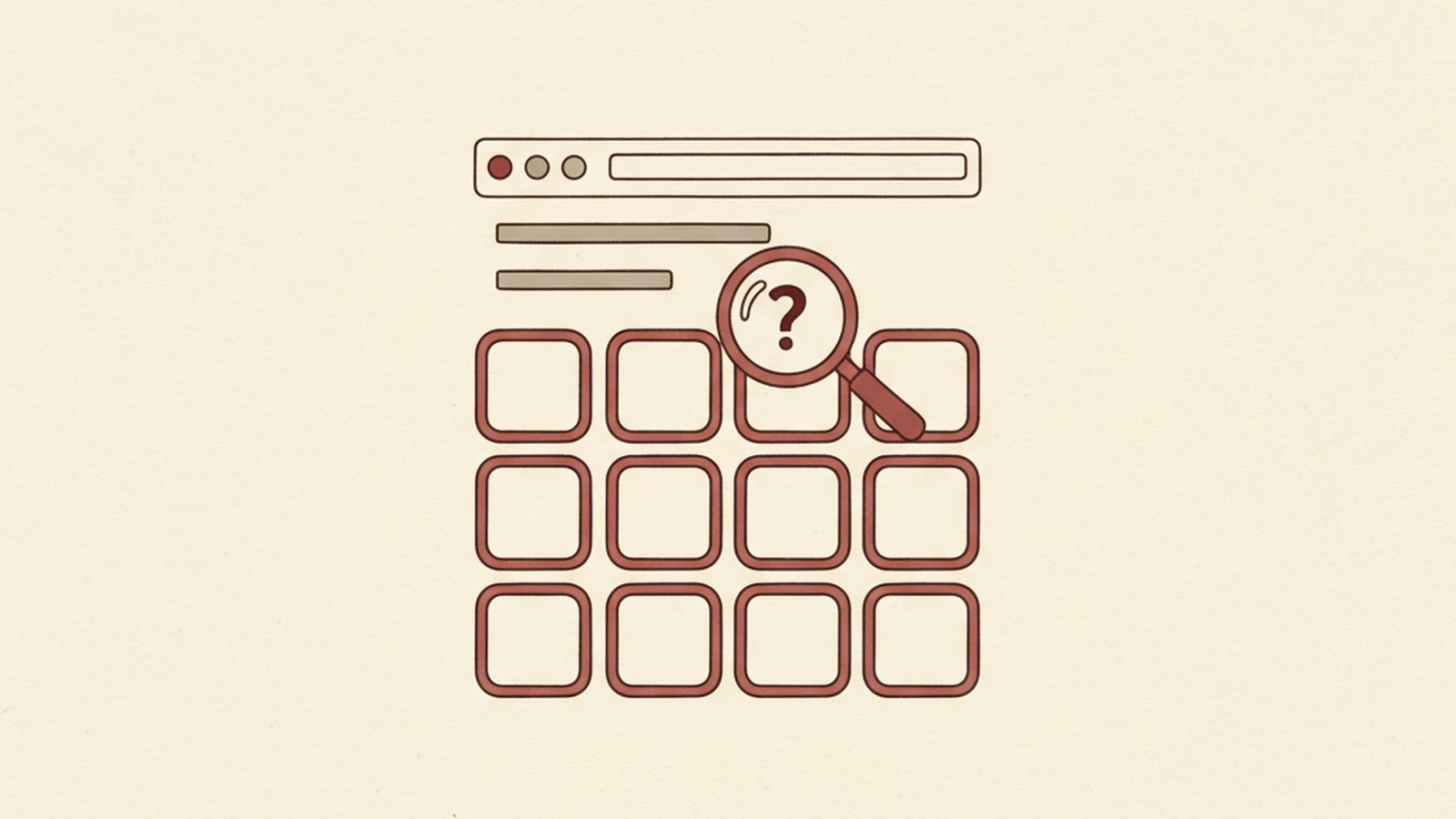 Oxblood and cream editorial illustration of a magnifying glass hovering over the word accessibility inside a mobile app store listing