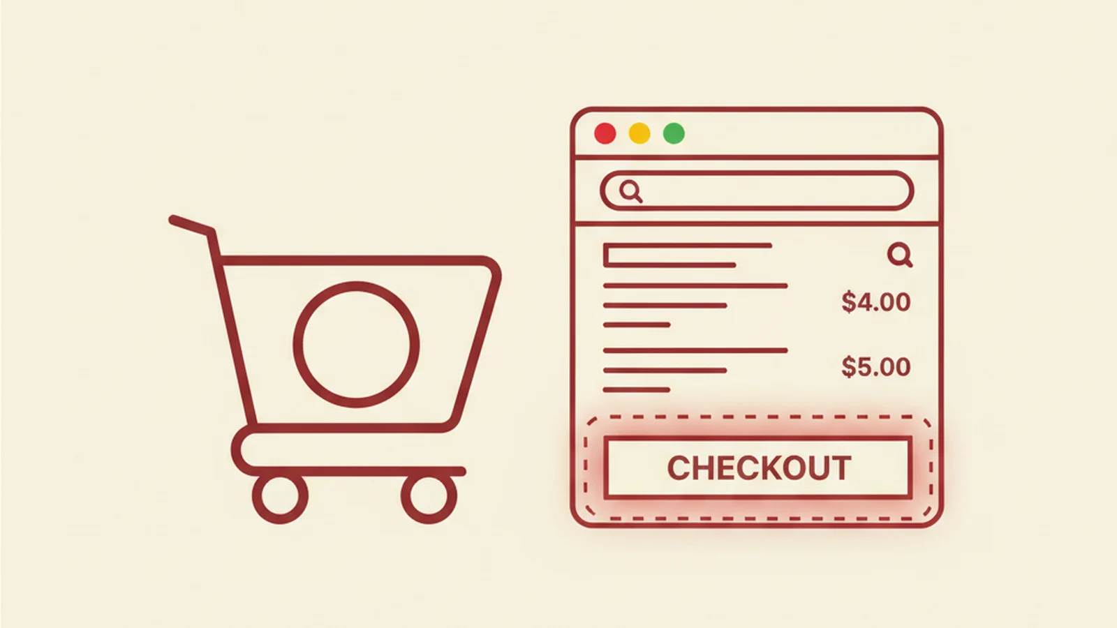 Illustration of a shopping cart icon beside a browser window with a keyboard focus outline glowing around the checkout button, in an oxblood and cream editorial style