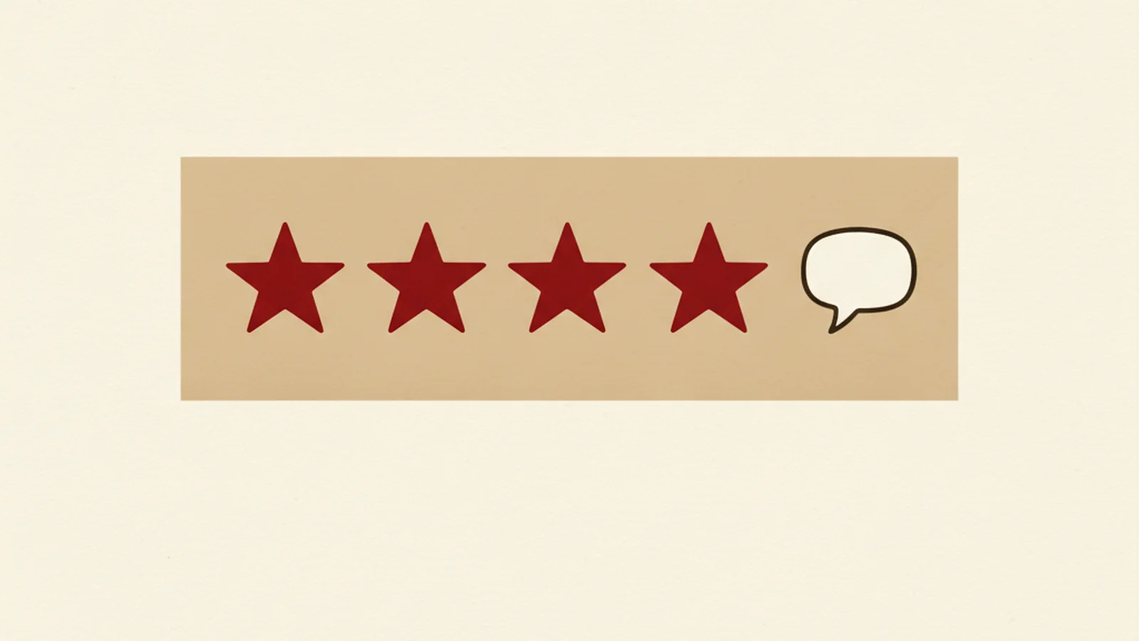 Illustration of five star icons in a row, with a small speech-bubble showing '4.5 out of 5' beside them, in an oxblood and cream editorial style
