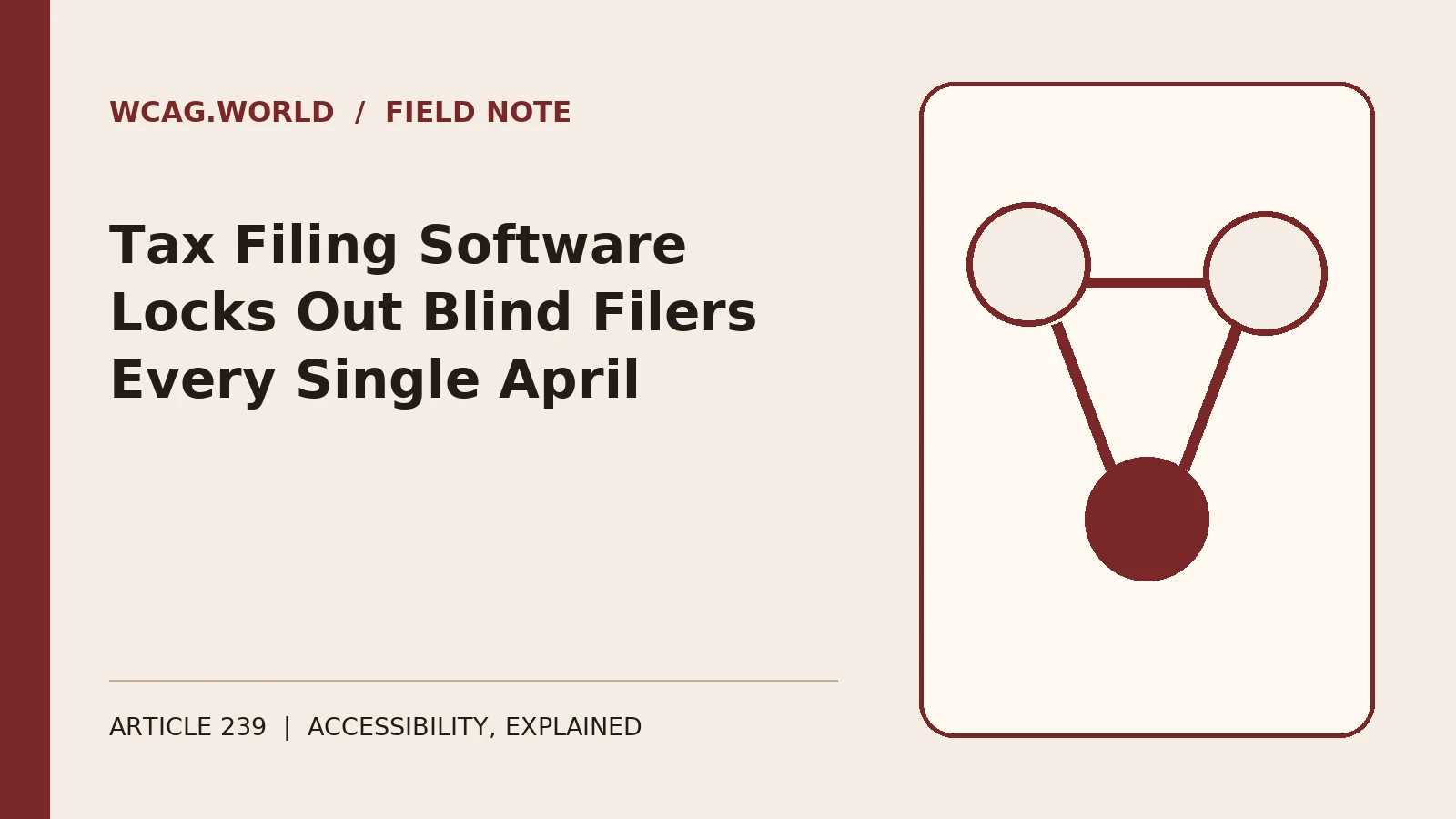An oxblood and cream editorial illustration of a tax form document with a calendar showing an April deadline, one form field marked with a broken focus outline.