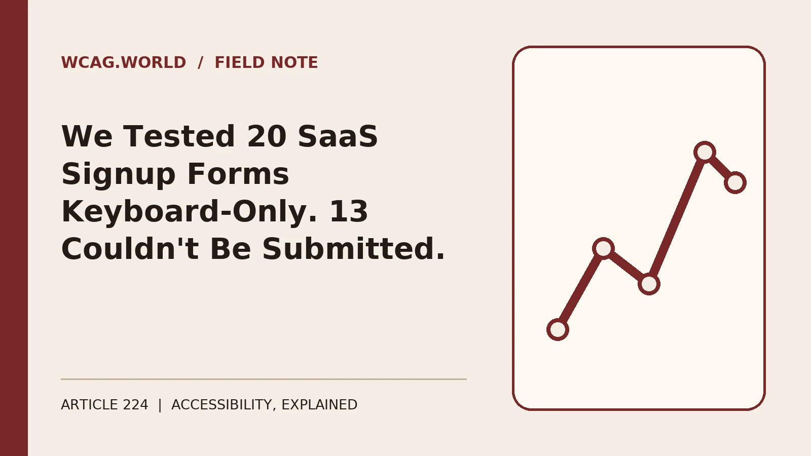 An oxblood and cream editorial illustration of a signup form with a keyboard Tab key icon stopping at a locked padlock icon where a submit button should be.