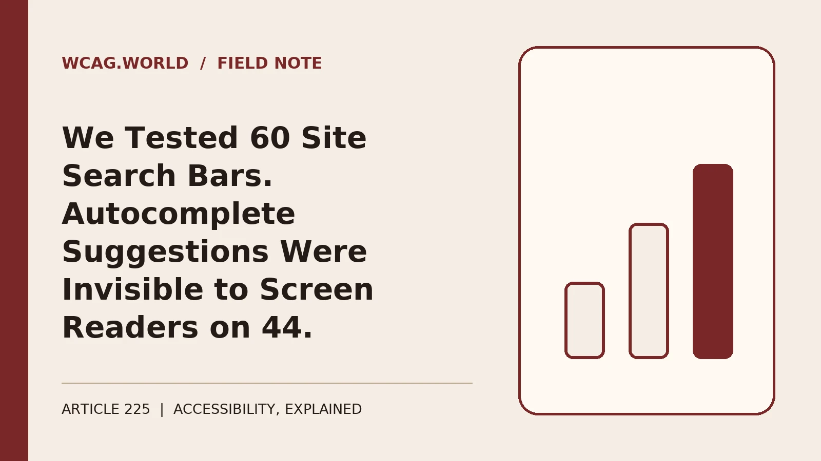 An oxblood and cream editorial illustration of a search bar with a dropdown list of suggestions, one suggestion highlighted, with a soundwave icon crossed out beside it.
