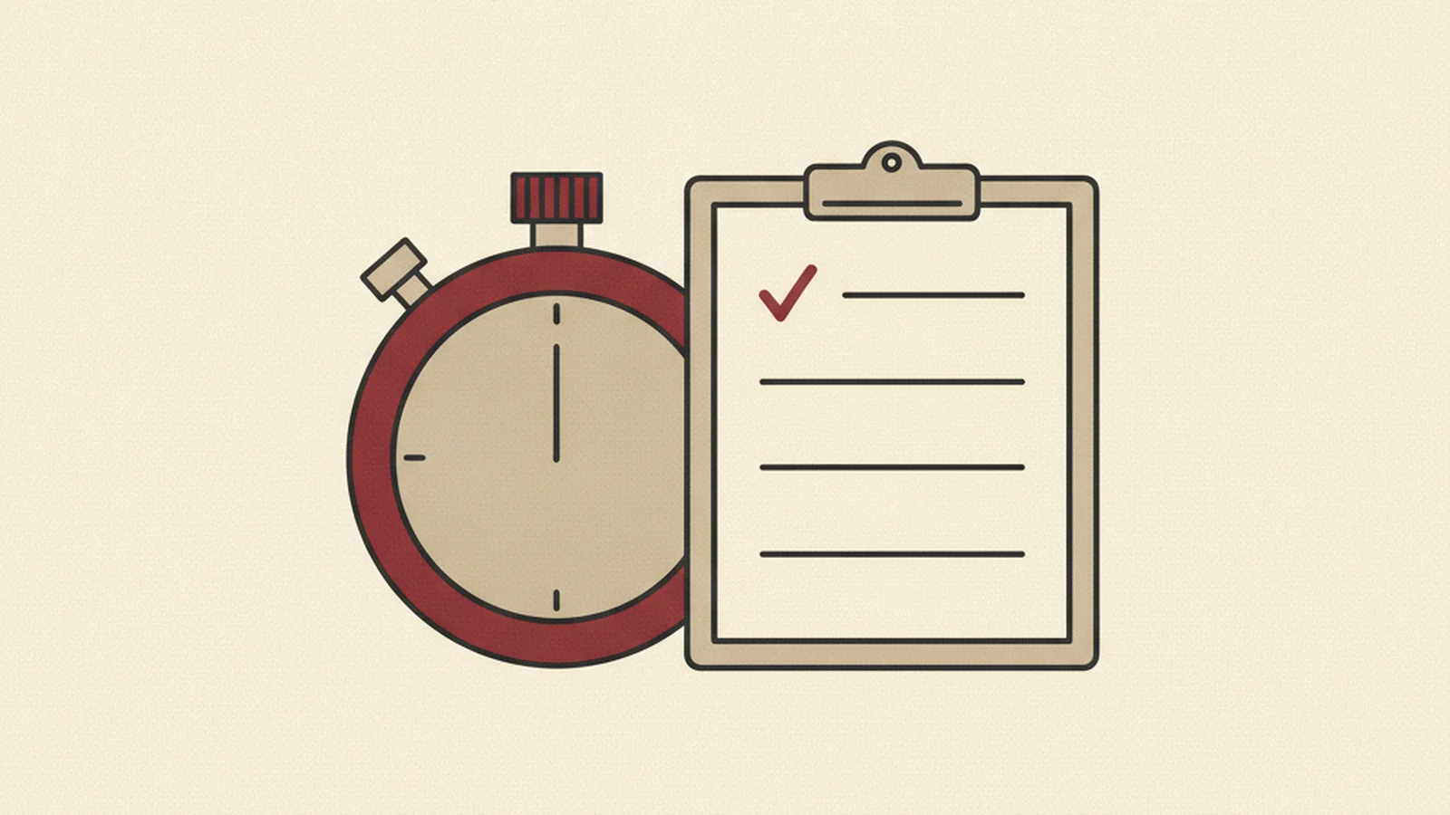 Illustration of a small sticky note with three checkmarks pinned above a laptop keyboard, in an oxblood and cream editorial style