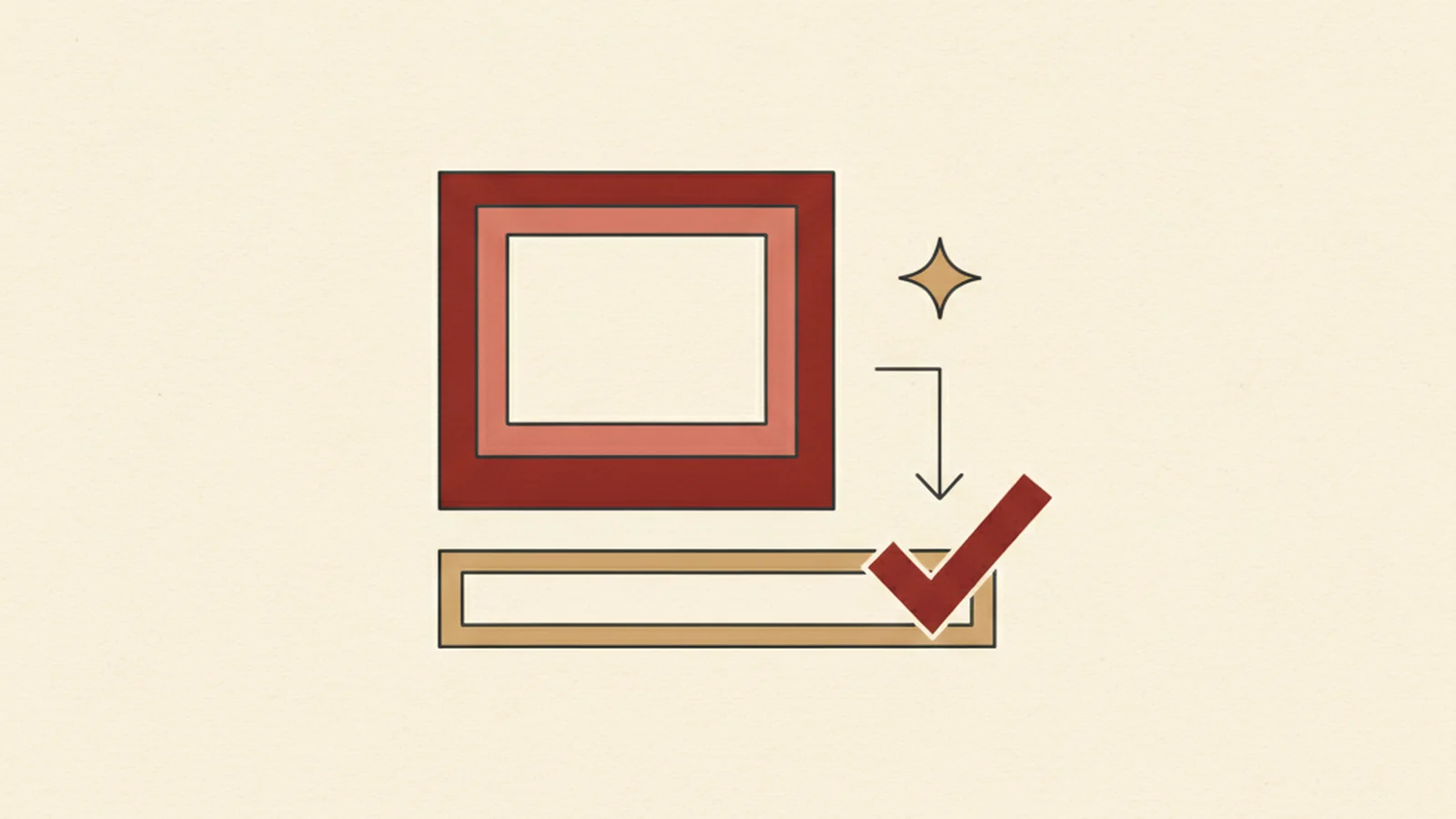 Illustration of an AI-drafted alt text bubble being checked and edited by a human hand with a pen, in an oxblood and cream editorial style