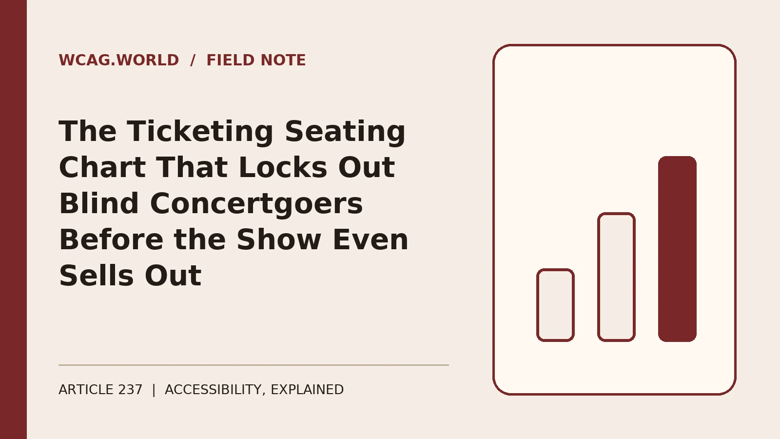 An oxblood and cream editorial illustration of a concert venue seating chart grid with one seat highlighted by a focus ring, most seats faded and unreachable.