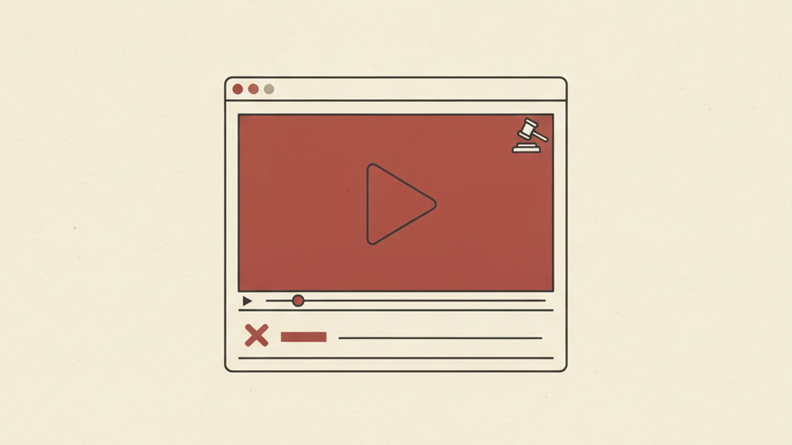 An oxblood and cream editorial illustration of a video play button with a caption bar underneath showing one crossed-out word and a small gavel icon in the corner.