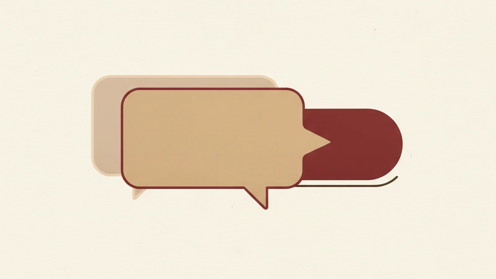 Illustration of a speech bubble saying 'Submit' pointed at a button labeled 'Submit', with a mismatched hidden label ghosted behind it, in an oxblood and cream editorial style