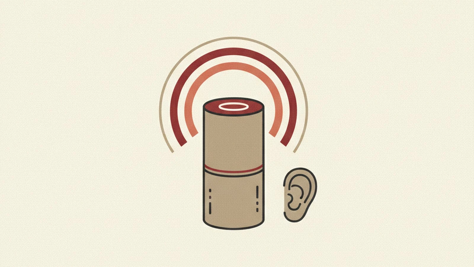 Oxblood and cream editorial illustration of a hand speaking toward a glowing microphone icon beside a mismatched button label