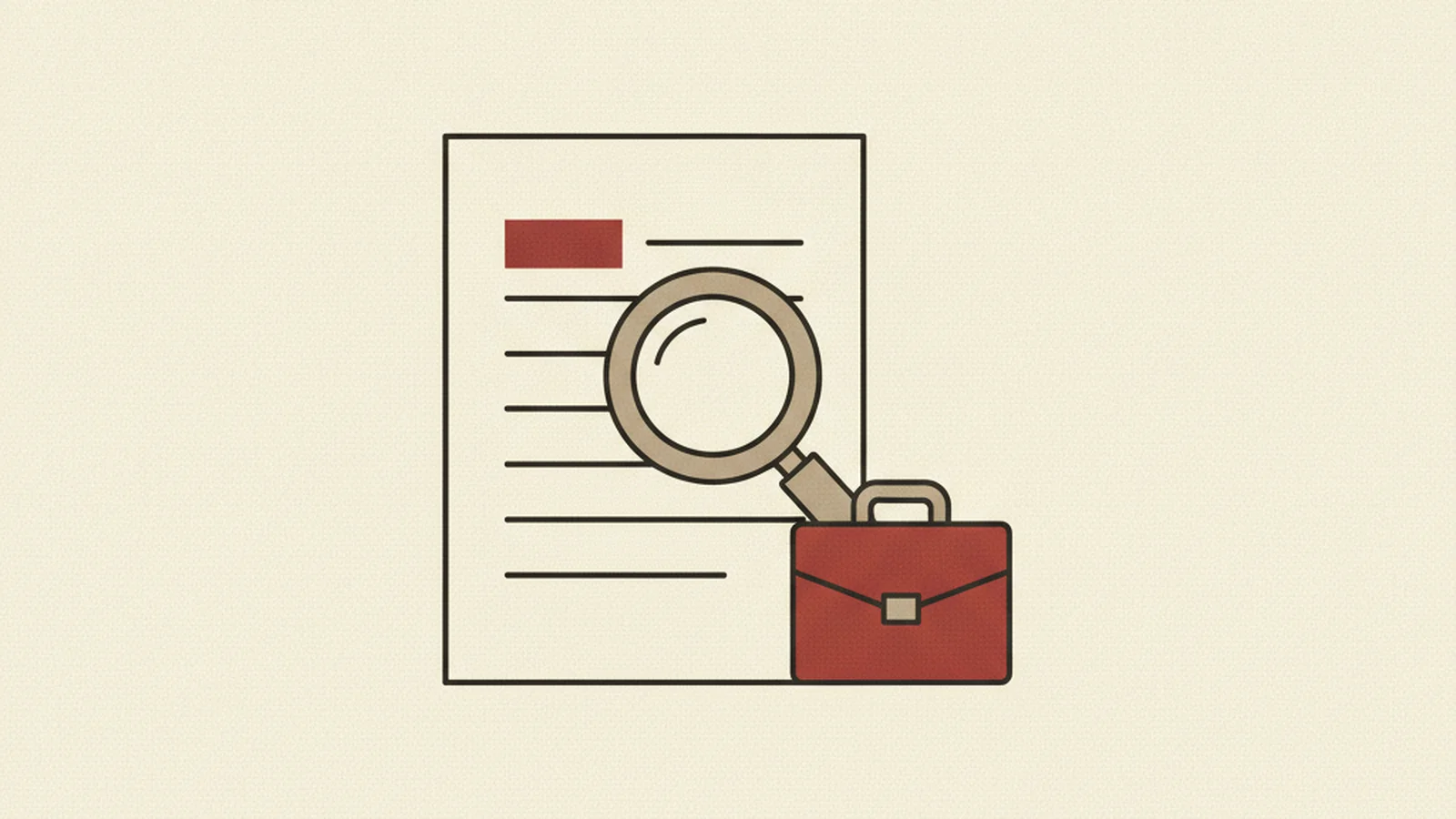 Illustration of a checklist document with a magnifying glass focused on one row and a small briefcase icon beside it