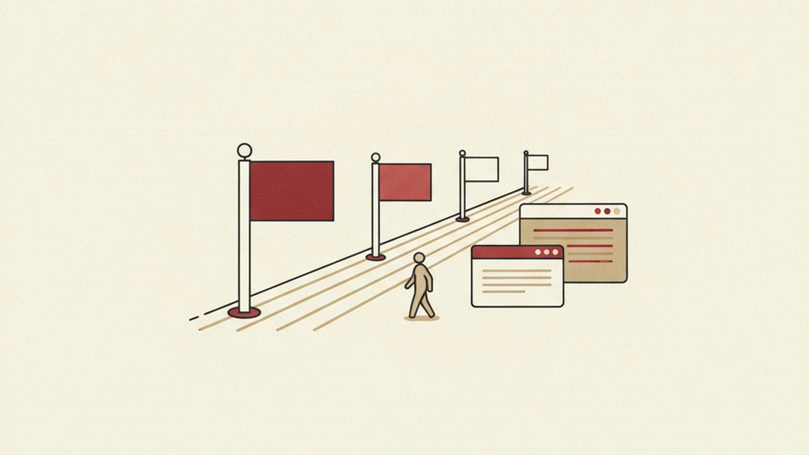 Editorial illustration in oxblood and cream tones of a horizontal timeline with milestone markers representing the WCAG 2.1, 2.2, and 3.0 standards.