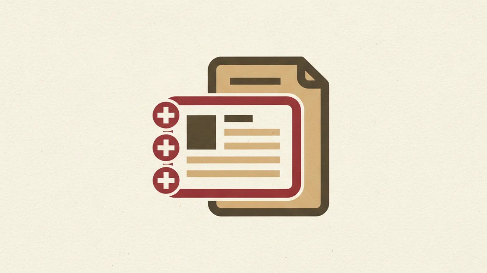 Illustration of two overlapping document badges, the front one larger with small plus-sign badges attached