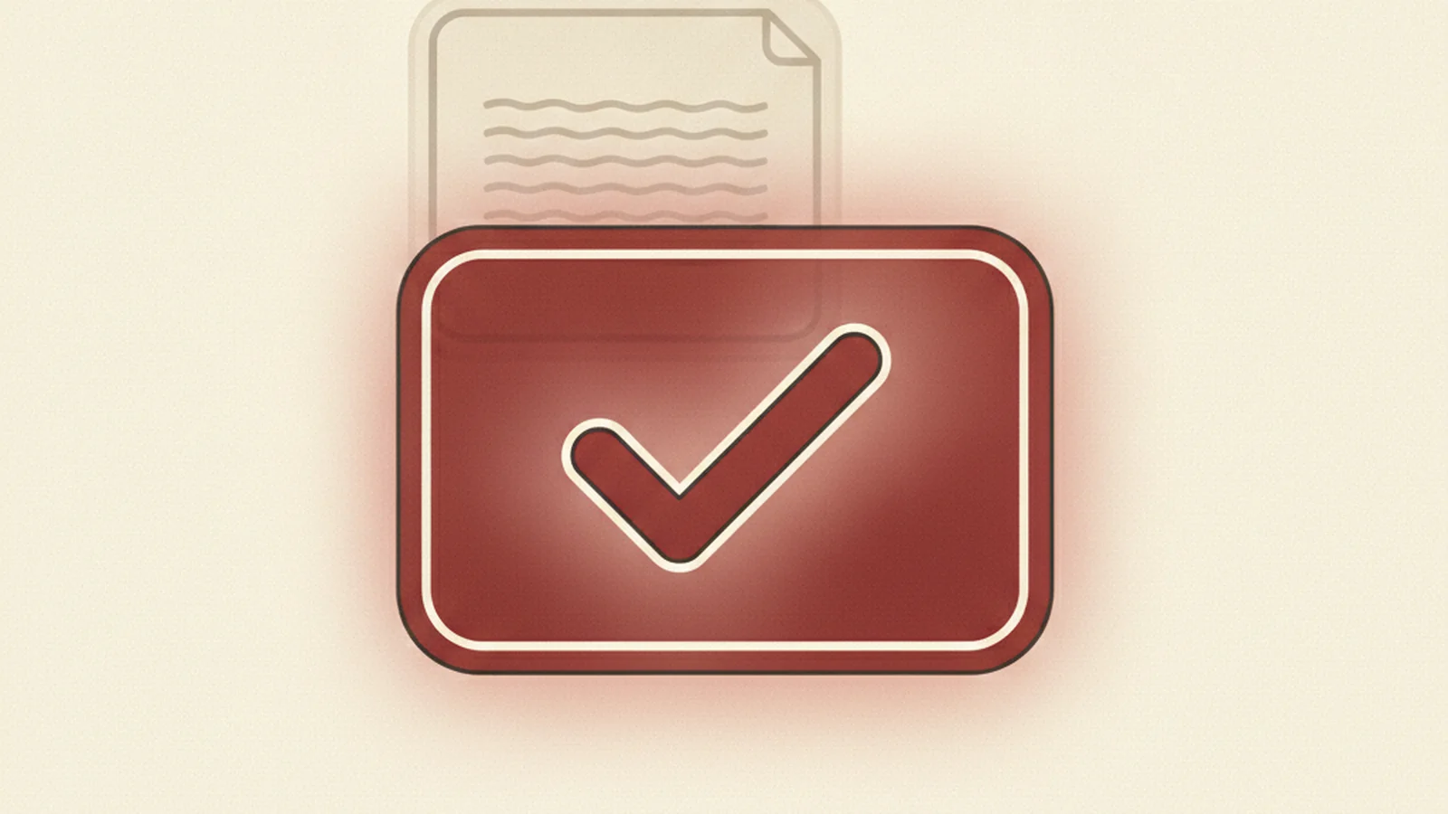 Illustration of a large solid checkmark-badge document in the foreground with a faint faded draft document distant in the background