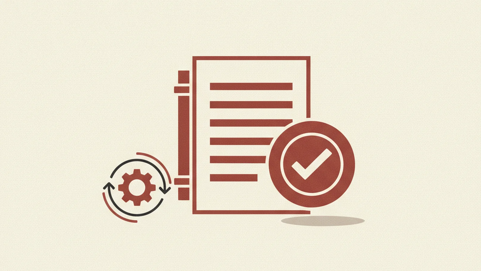 Illustration of a rulebook document being stamped with a checkmark seal and a small spinning gear icon beside it