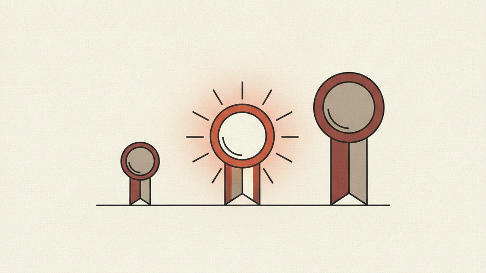 Illustration of three ascending medal badges in a row with the middle-sized medal glowing brighter