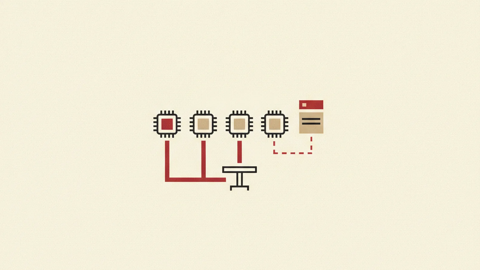 An oxblood and cream editorial illustration of a two-tier pricing table with four small robot or chip icons beside it, one connected by a dimmer line than the others.