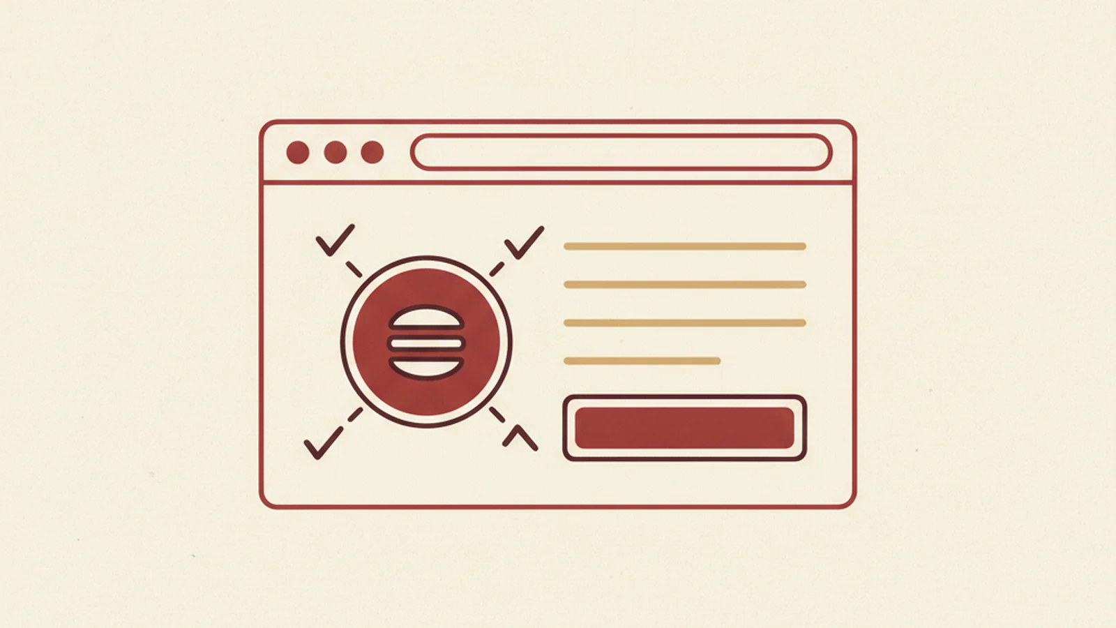 An oxblood and cream editorial illustration of a browser window hero section with a hamburger menu icon circled and four small checkmark icons pointing at it.