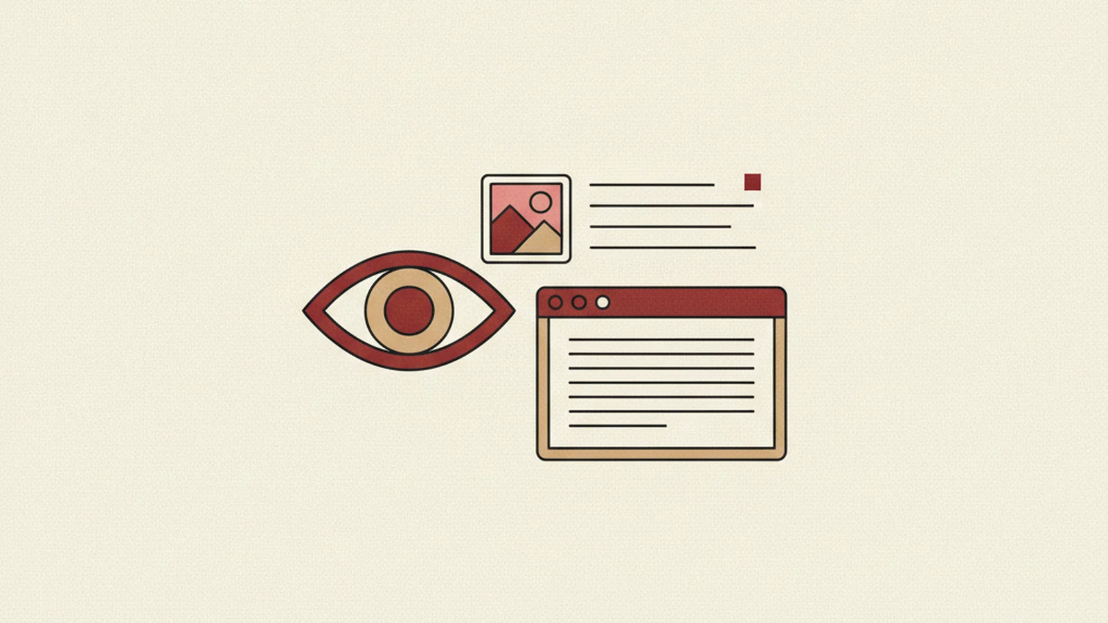 An oxblood and cream editorial illustration of an eye icon examining a small illustrated image tile, with a text line forming beside it representing generated alt text.