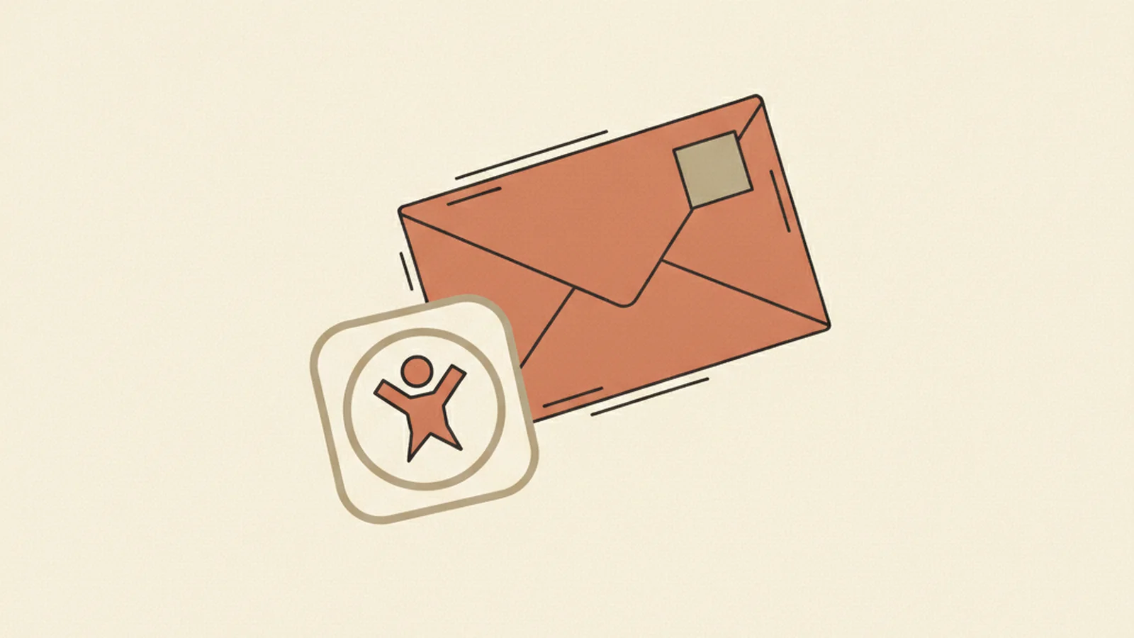 Illustration of a small accessibility-widget badge icon standing in front of an envelope demand letter arriving behind it