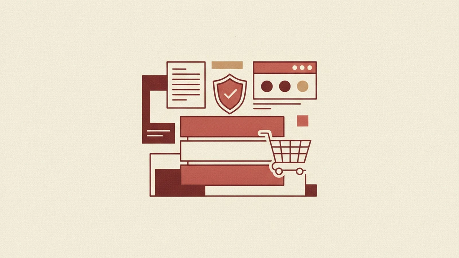 An oxblood and cream editorial illustration of four stacked building blocks labeled theme, core, plugins, and testing, rising toward a checkmark.