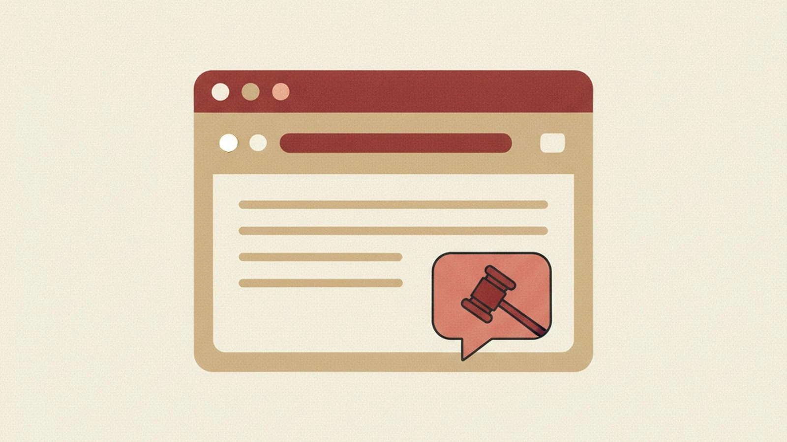 Oxblood and cream editorial illustration of a chat bubble icon marked with a legal alert symbol, in a bold minimalist style.